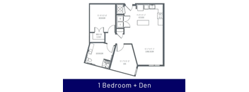 A floor plan of a 1 bedroom + den apartment.