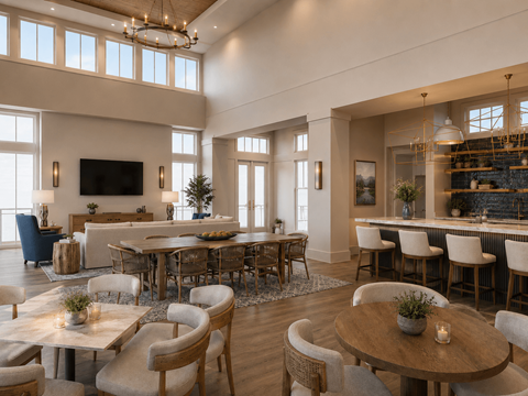 A modern dining room with a large table and chairs.
