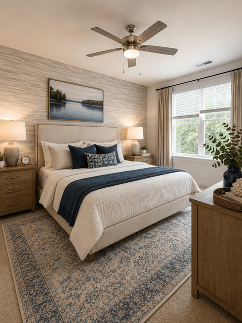 A bedroom with a large bed and a ceiling fan.