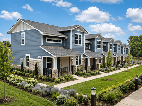 A row of houses with a blue sky in the background.