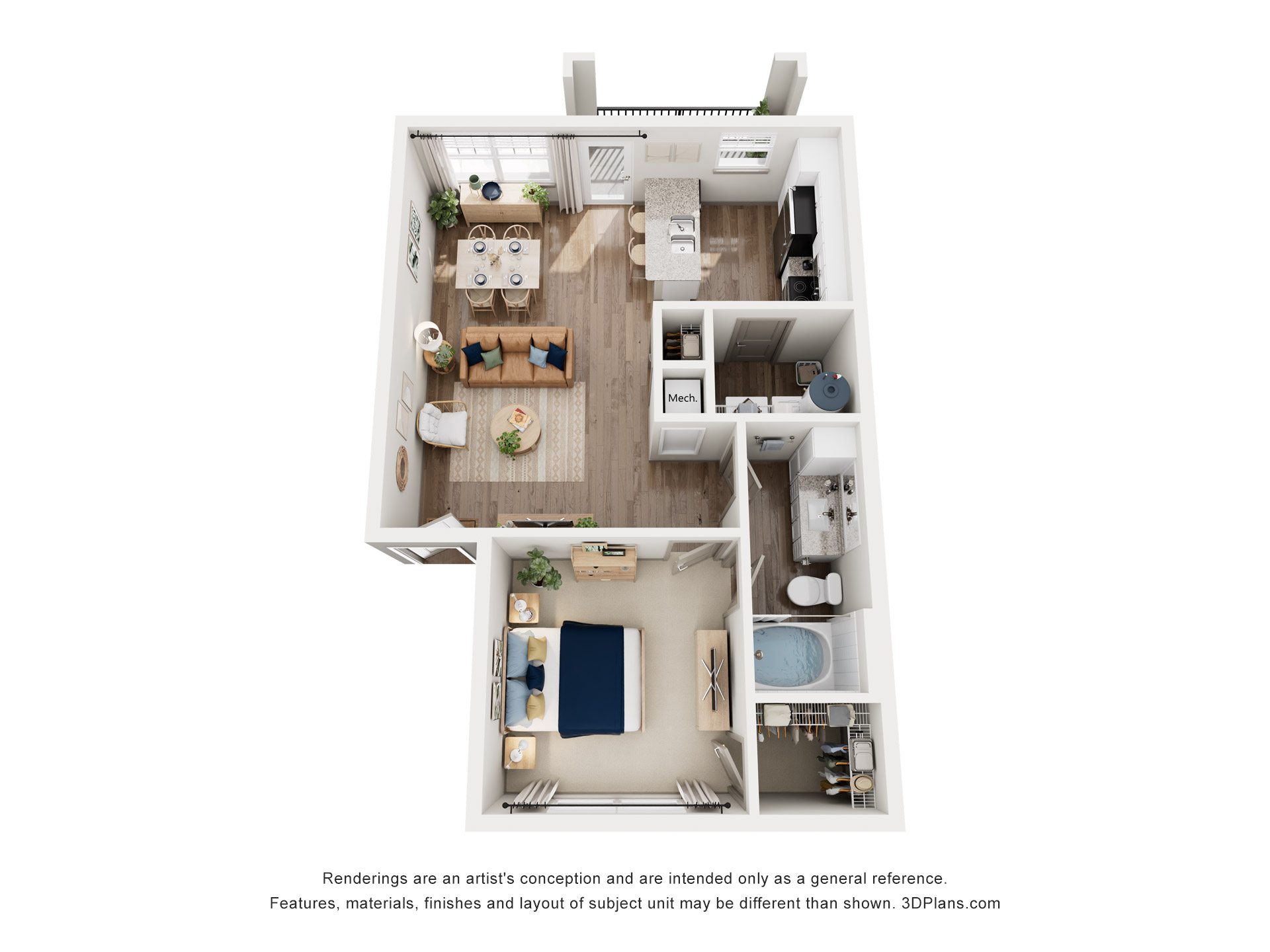 A 3D floor plan of an apartment with a kitchen, living room, and bathroom.