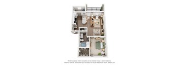 A 3D floor plan of a small apartment with a kitchen, living room, and bathroom.