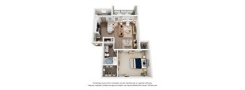 A floor plan of a two-bedroom apartment with a living room, kitchen, and bathroom.