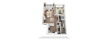 A 3D floor plan of a small apartment with a kitchen, living room, and bathroom.