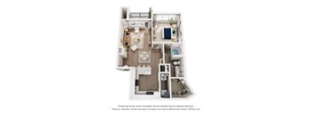 A 3D floor plan of a small apartment with a kitchen, living room, and bedroom.