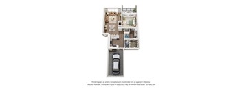 A 3D floor plan of an apartment with a kitchen, living room, bedroom, bathroom and an attached garage.