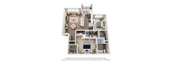 A 3D floor plan of an apartment with a kitchen, living room, bedrooms, and bathrooms.
