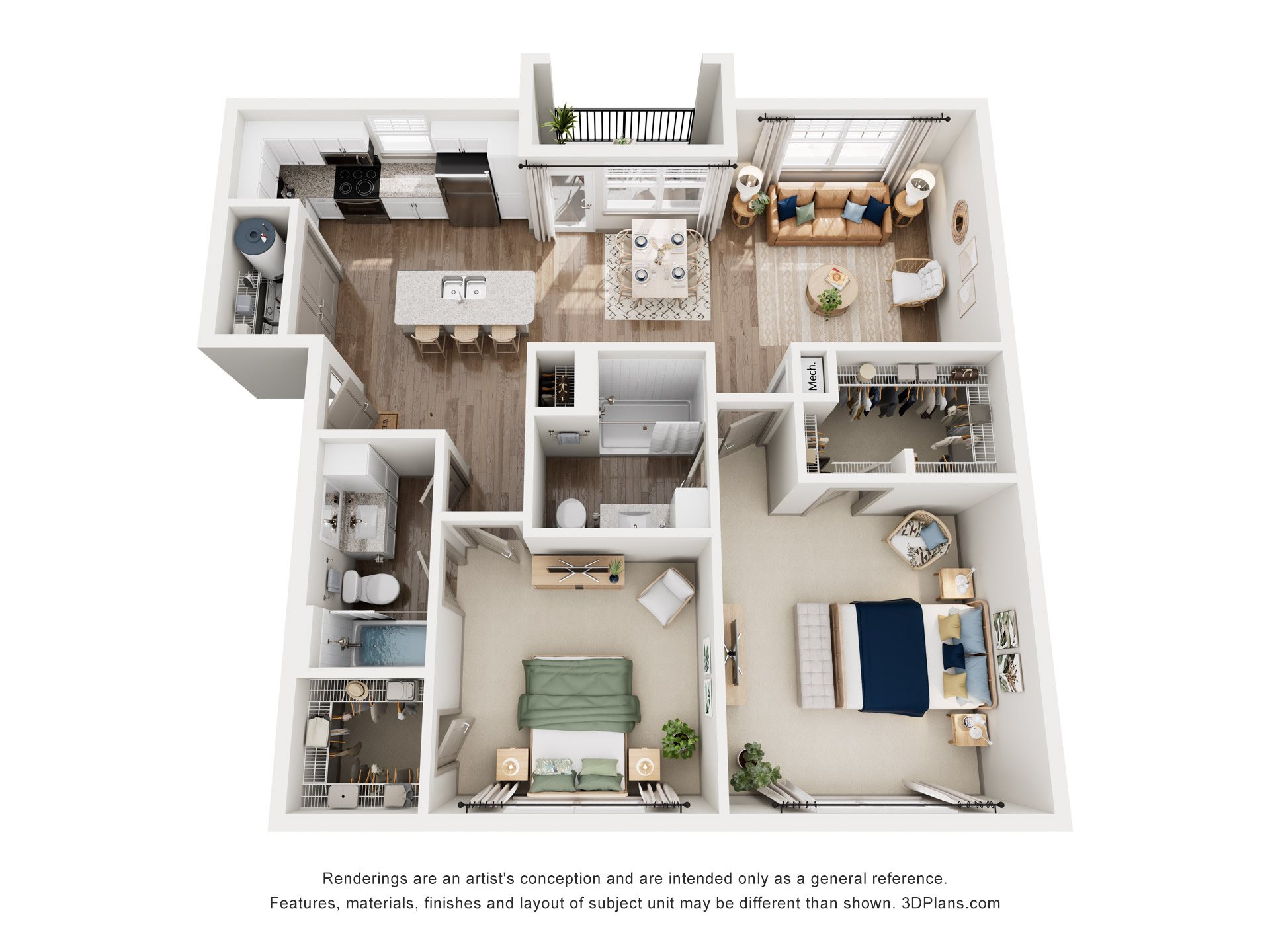 A 3D floor plan of an apartment with a kitchen, living room, bedrooms, and bathrooms.
