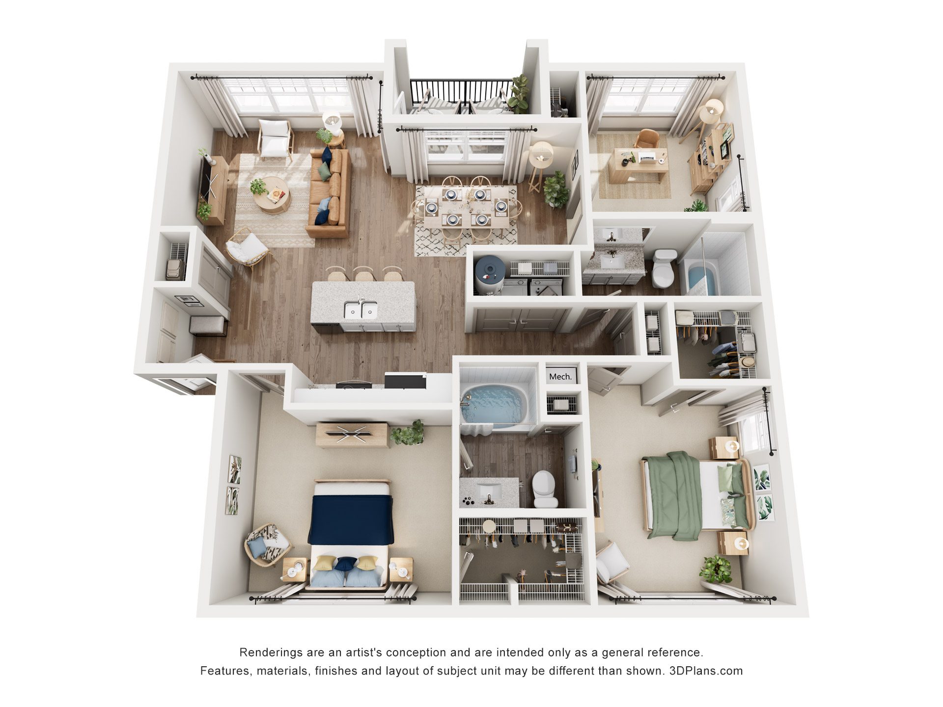 A 3D floor plan of an apartment with a kitchen, living room, bedrooms, and bathrooms.