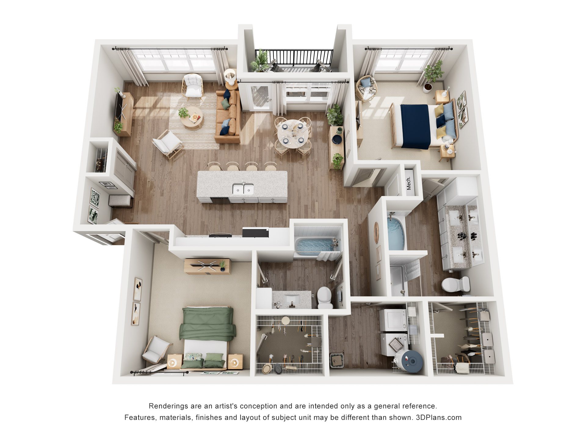 A 3D floor plan of an apartment with a kitchen, living room, bedrooms, and bathrooms.