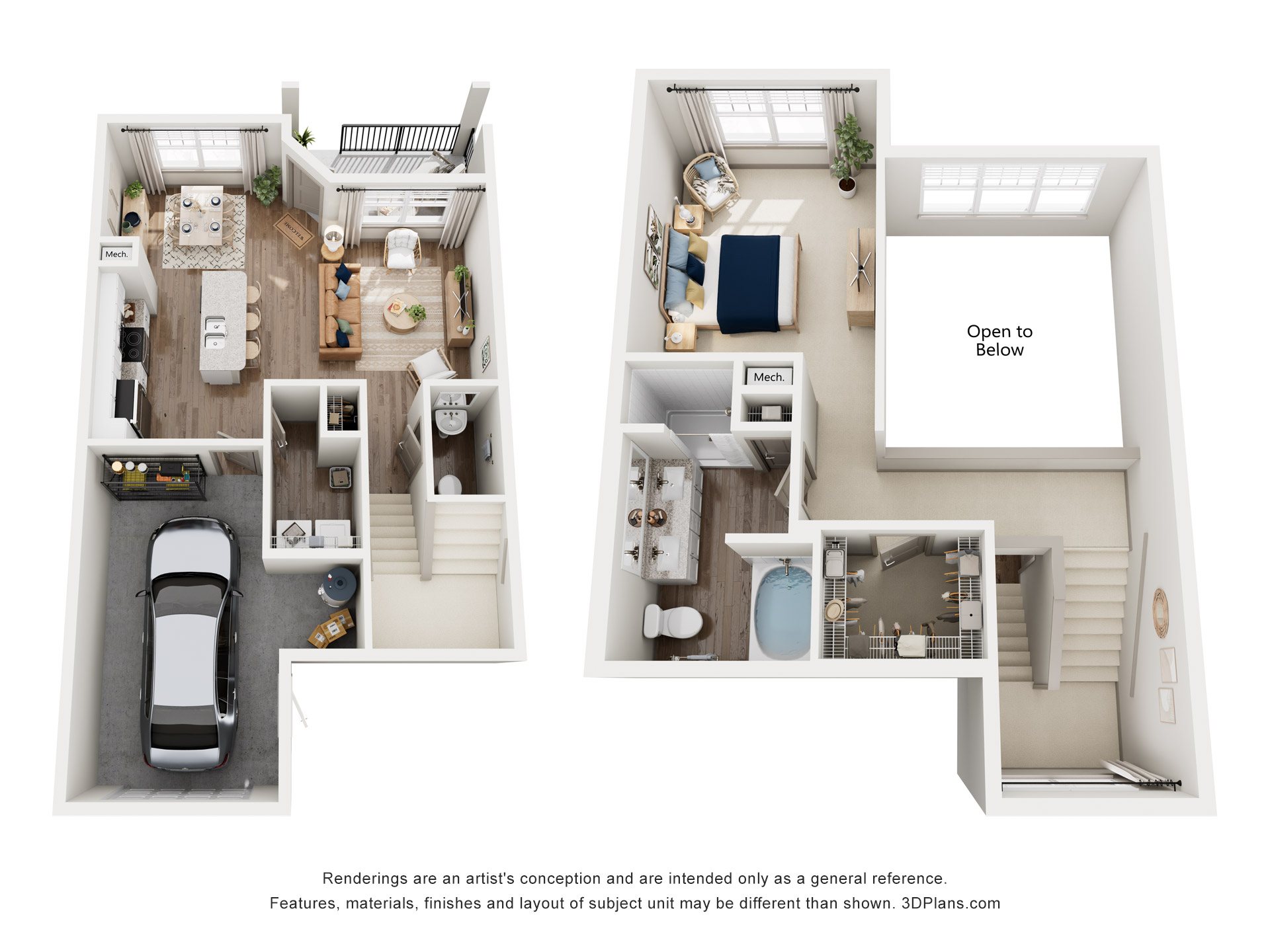 A 3D floor plan of a townhome with living room, kitchen, bedroom, bathroom and an attached garage.