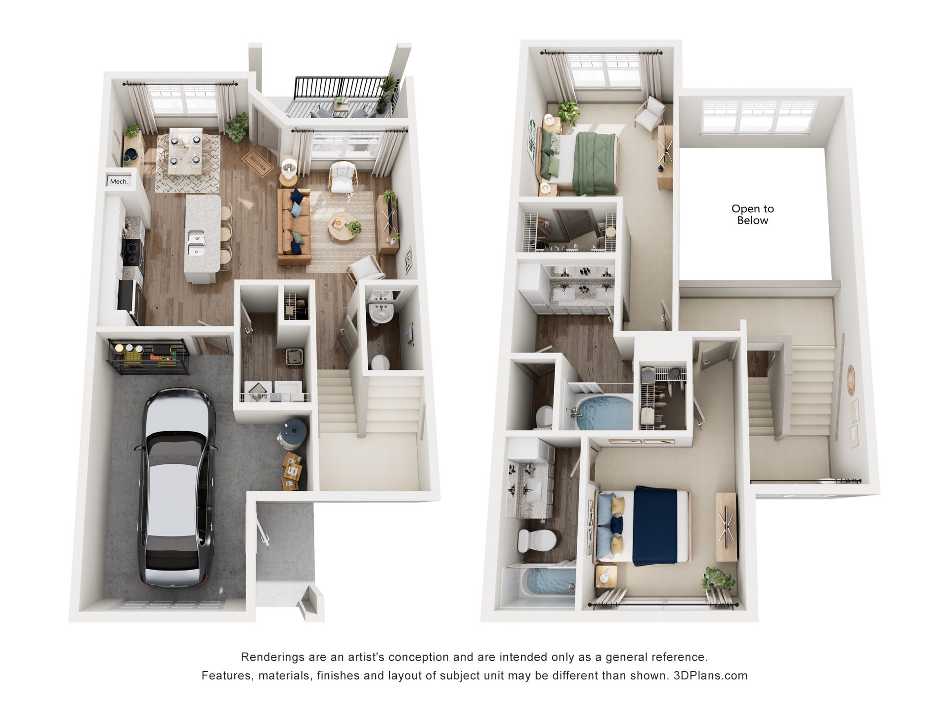 Two floor plan images of a townhouse with bedrooms, bathrooms, living room, kitchen and a car parked in the garage.