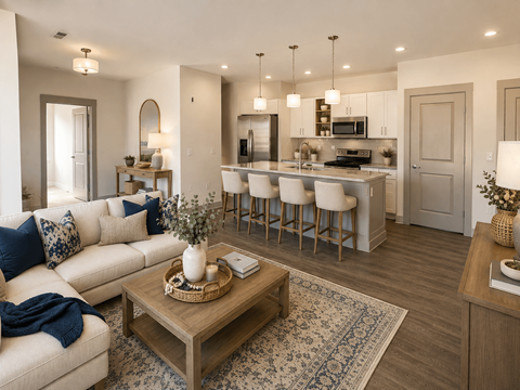 A well-lit, modern living room with a kitchen area in the background.