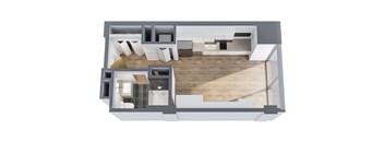 A 3D floor plan of a house with a kitchen, living room, and two bedrooms.