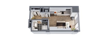 A 3D floor plan of a house with a kitchen, living room, and bedrooms.
