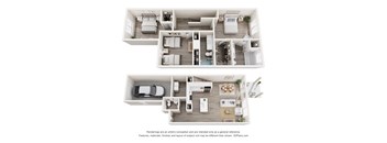 A 3D floor plan of a house with two bedrooms, a living room, a kitchen, a dining room, and a garage.