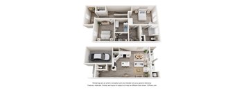 A 3D floor plan of a house with two bedrooms, a living room, a kitchen, a bathroom, and a garage.
