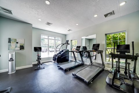 A gym with treadmills, elliptical machines, and a television.