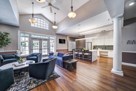 A living room with a dark blue sofa and a wooden floor.
