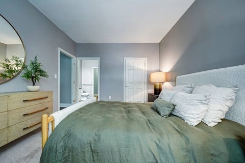 A bedroom with a bed, dresser, and mirror.