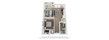 A floor plan of a small apartment with a kitchen, living room, and bathroom.