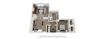 A 3D floor plan of a two-bedroom apartment.