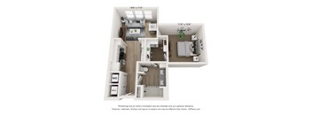 A 3D floor plan of a small apartment with a kitchen, living room, and bathroom.