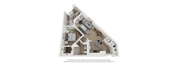 A 3D floor plan of a house with a kitchen, living room, and two bedrooms.