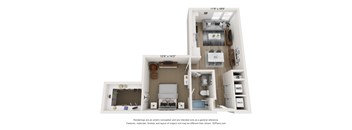 A 3D floor plan of a small apartment with a kitchen, living room, and bathroom.