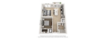 A 3D floor plan of a small apartment with a kitchen, living room, and bathroom.