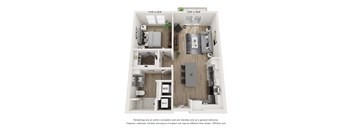 A 3D floor plan of a small apartment with a kitchen, living room, and bedroom.