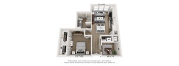 A 3D floor plan of a small apartment with a kitchen, living room, and bathroom.