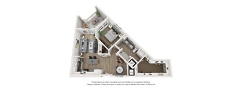 A 3D floor plan of a house with a kitchen, living room, and two bedrooms.
