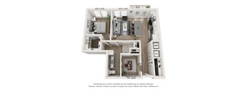 A 3D floor plan of a house with a kitchen, living room, and two bedrooms.