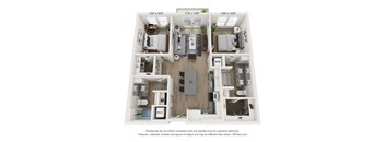 A 3D floor plan of a two-bedroom apartment.