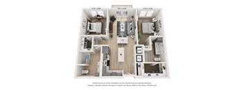 A floor plan of a two-bedroom apartment with a living room, kitchen, and bathroom.