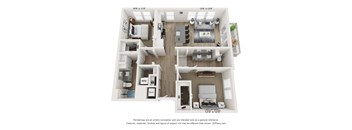 A 3D floor plan of a two-bedroom apartment with a living room, kitchen, and bathroom.