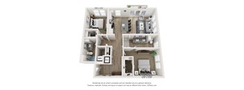 A 3D floor plan of a two-bedroom apartment.