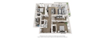A 3D floor plan of a house with a kitchen, living room, and two bedrooms.