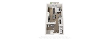 A 3D floor plan of a small apartment with a kitchen, living room, and bathroom.