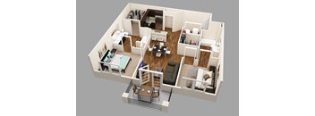 A 3D rendered image of a modern apartment layout.