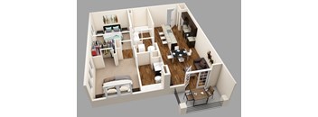 A 3D rendered image of a small apartment layout.