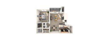 A 3D floor plan of a small apartment with a kitchen, living room, and bedroom.
