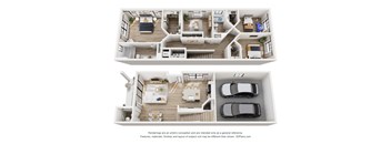 A 3D floor plan of a house with two bedrooms, a living room, a kitchen, a bathroom, and a garage.