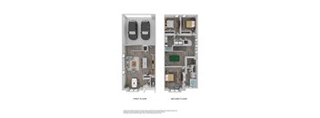 A floor plan of a two-story apartment with a first and second floor.