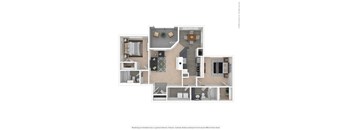 A floor plan of a house with a kitchen, living room, and two bedrooms.