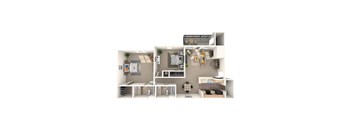 A 3D floor plan of a small apartment with a kitchen, living room, and bathroom.