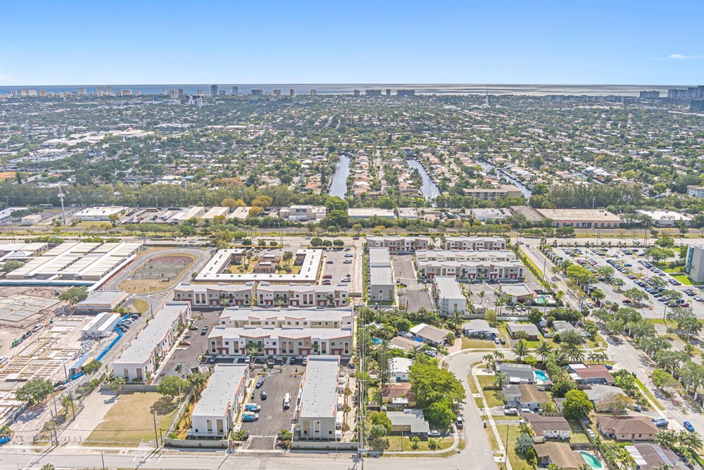 an aerial view of the city
