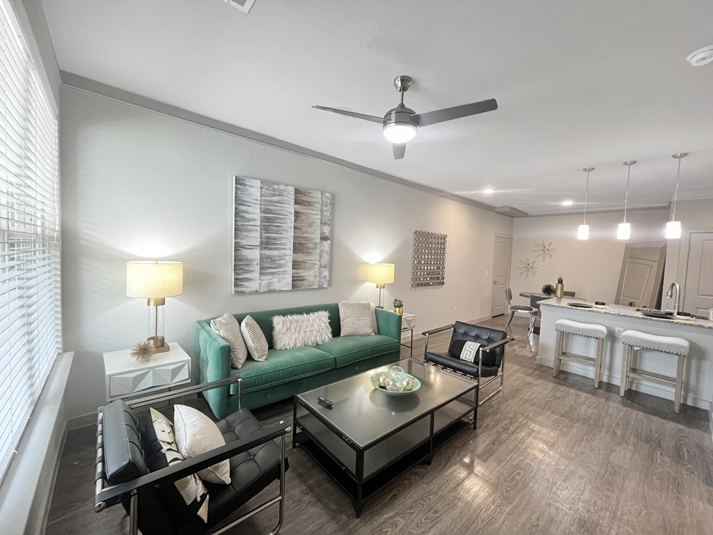 Large living room shot from front entry, overseeing the kitchen and dining area