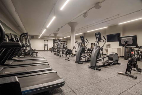A gym with treadmills, elliptical machines, and other cardio equipment.